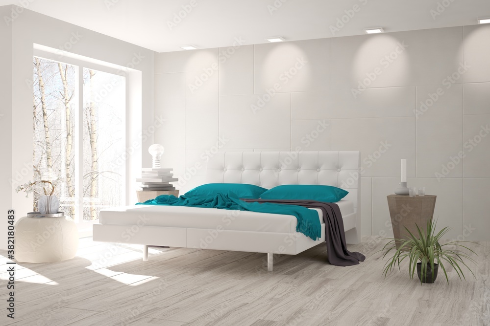 White bedroom interior. Scandinavian design. 3D illustration