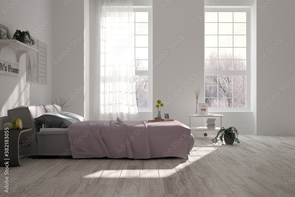 Stylish bedroom in white color with winter landscape in window. Scandinavian interior design. 3D ill