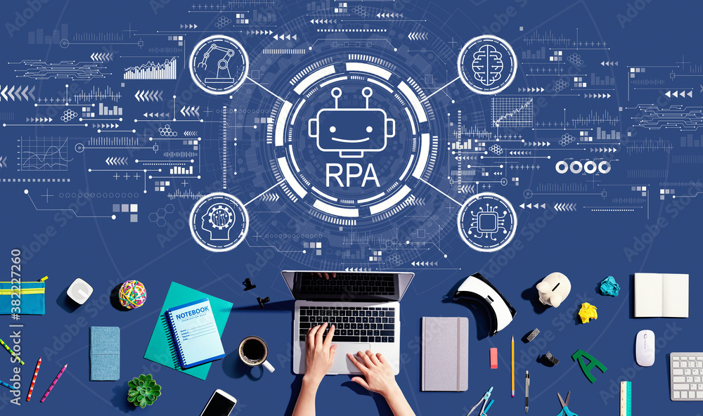 Robotic Process Automation RPA theme with person using a laptop computer