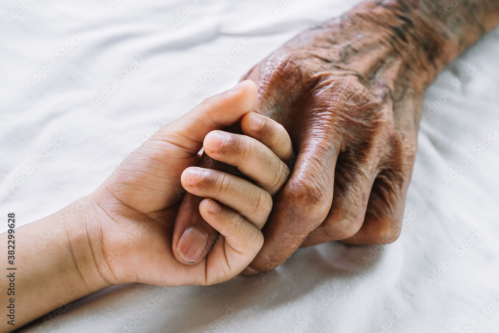 Hands of the old man and a childs hand on the white bed..