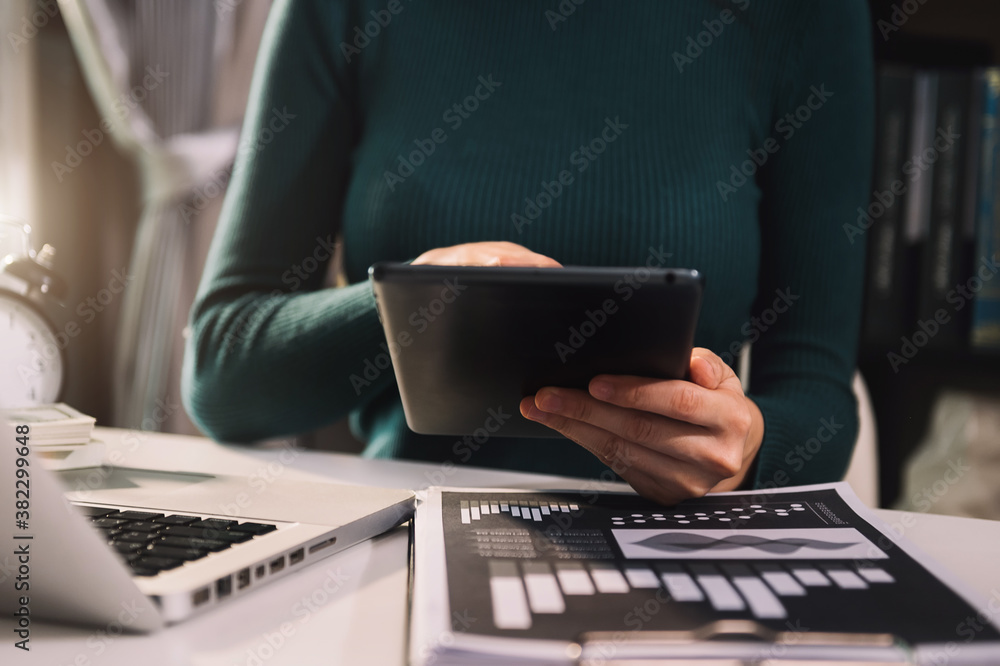 Social media and Marketing virtual icons screen concept.close up of businesswoman typing keyboard wi