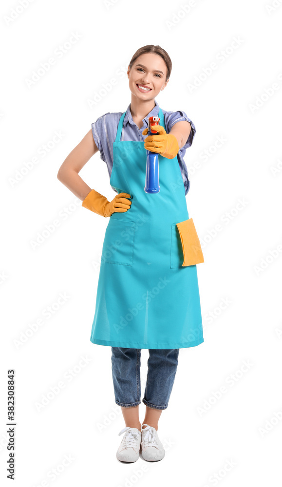 Young woman with detergent on white background