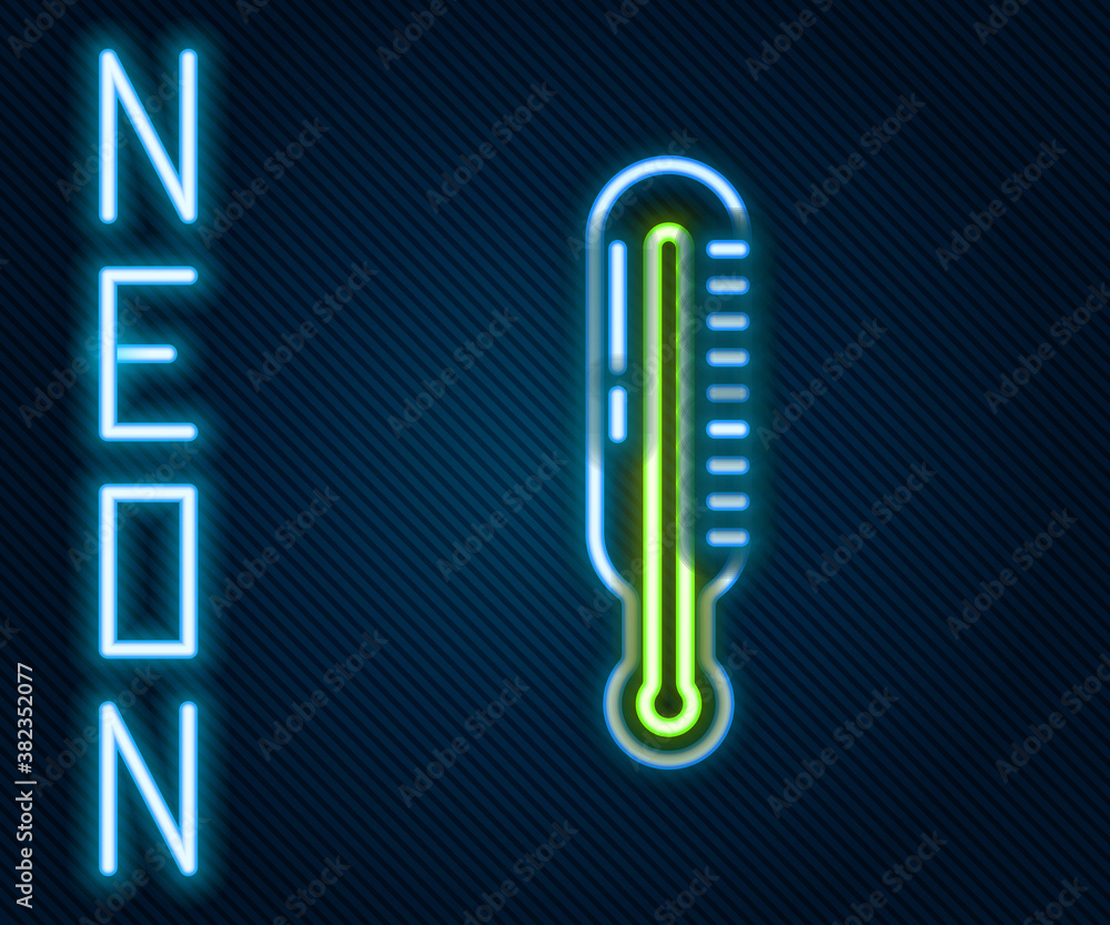 Glowing neon line Meteorology thermometer measuring icon isolated on black background. Thermometer e