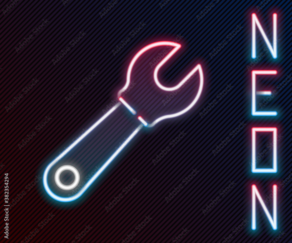 Glowing neon line Wrench spanner icon isolated on black background. Colorful outline concept. Vector