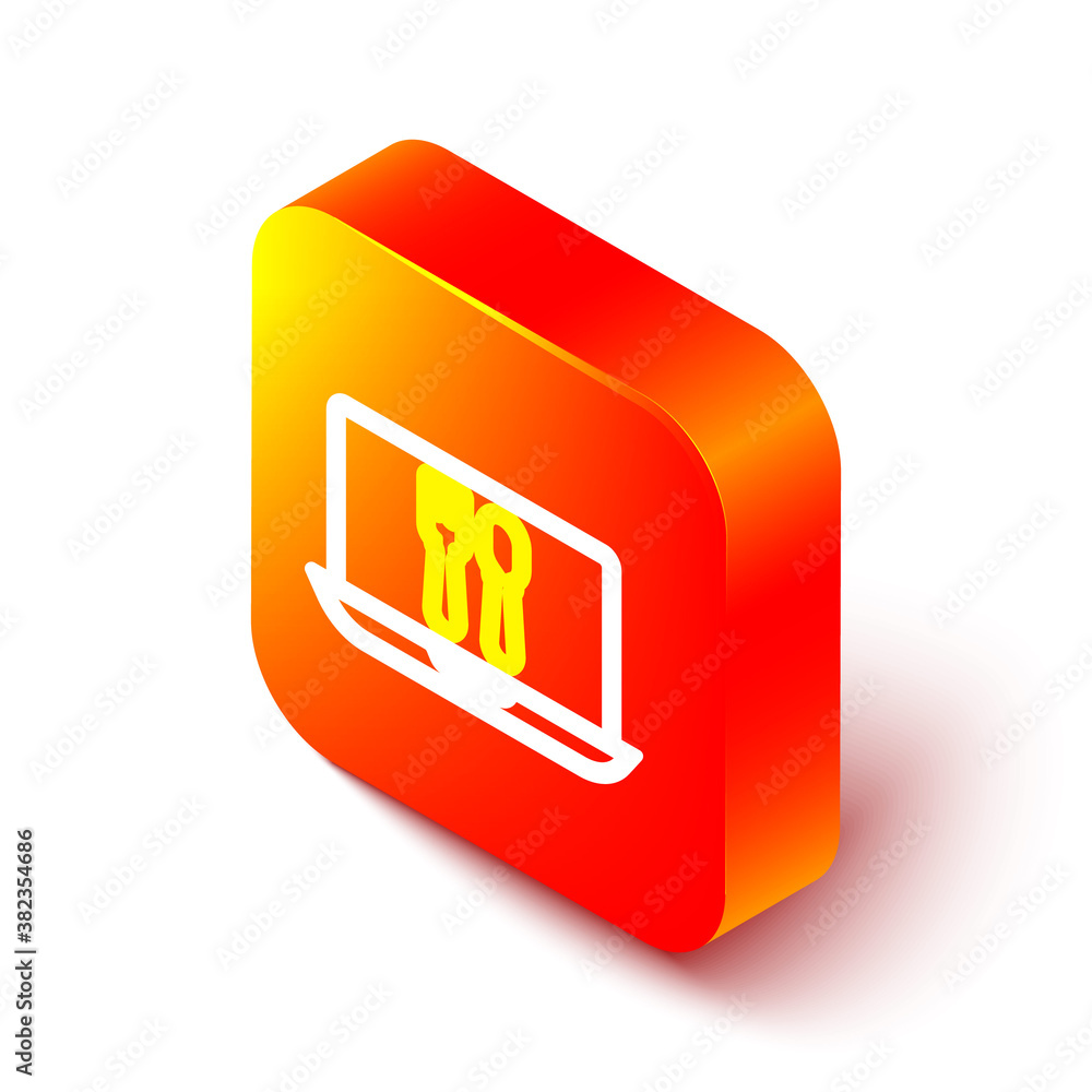 Isometric line Online ordering and fast food delivery icon isolated on white background. Orange squa