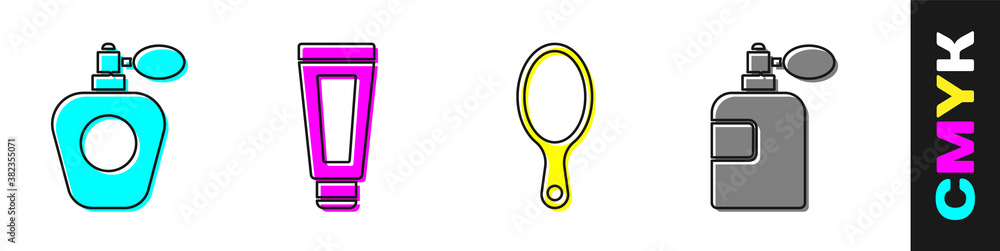 Set Perfume, Cream or lotion cosmetic tube, Hand mirror and Perfume icon. Vector.