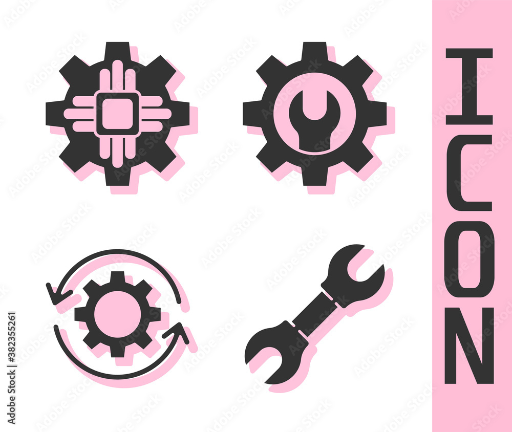 Set Wrench spanner, Processor, Gear and arrows as workflow and Wrench spanner and gear icon. Vector.