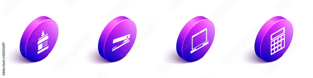 Set Isometric Glue, Office stapler, Laptop and Calculator icon. Vector.