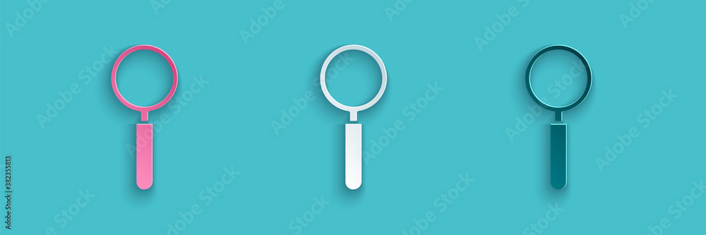 Paper cut Magnifying glass icon isolated on blue background. Search, focus, zoom, business symbol. P