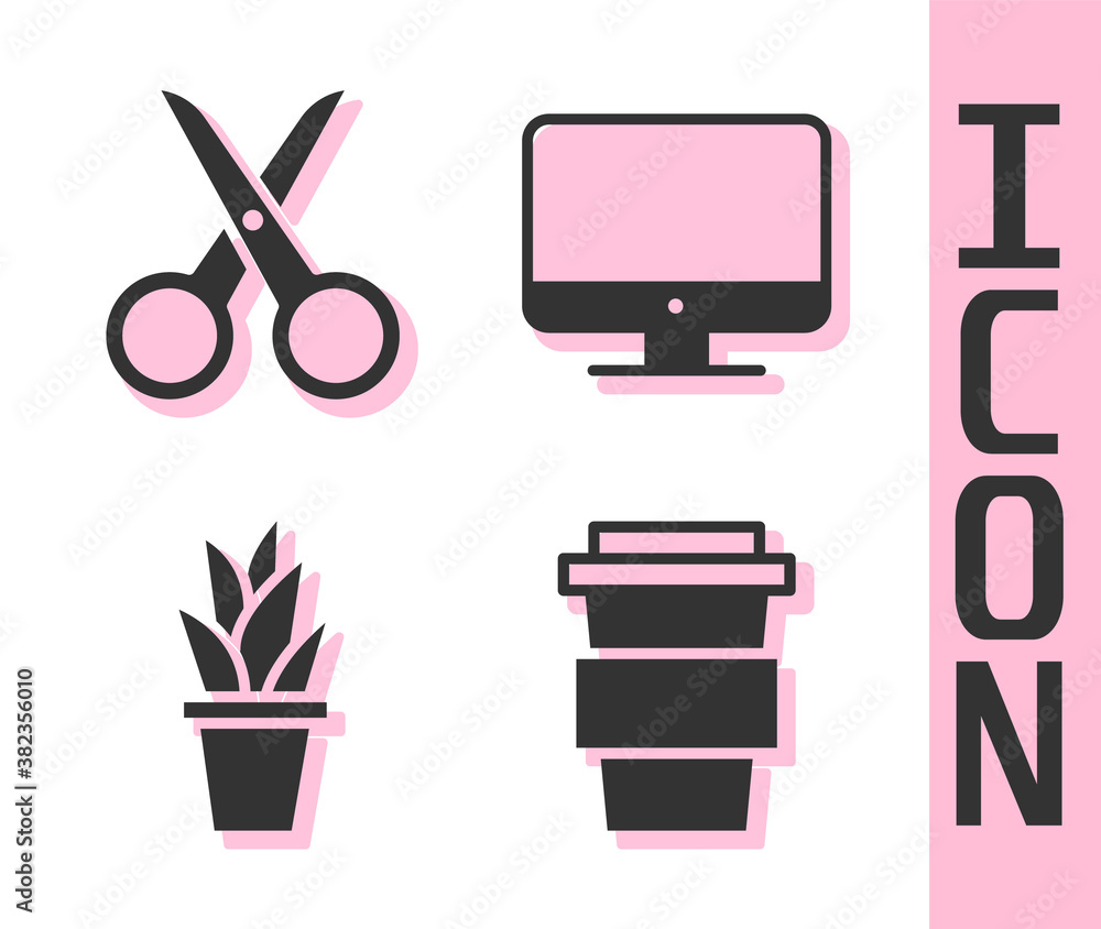 Set Coffee cup to go, Scissors, Plant in pot and Computer monitor screen icon. Vector.