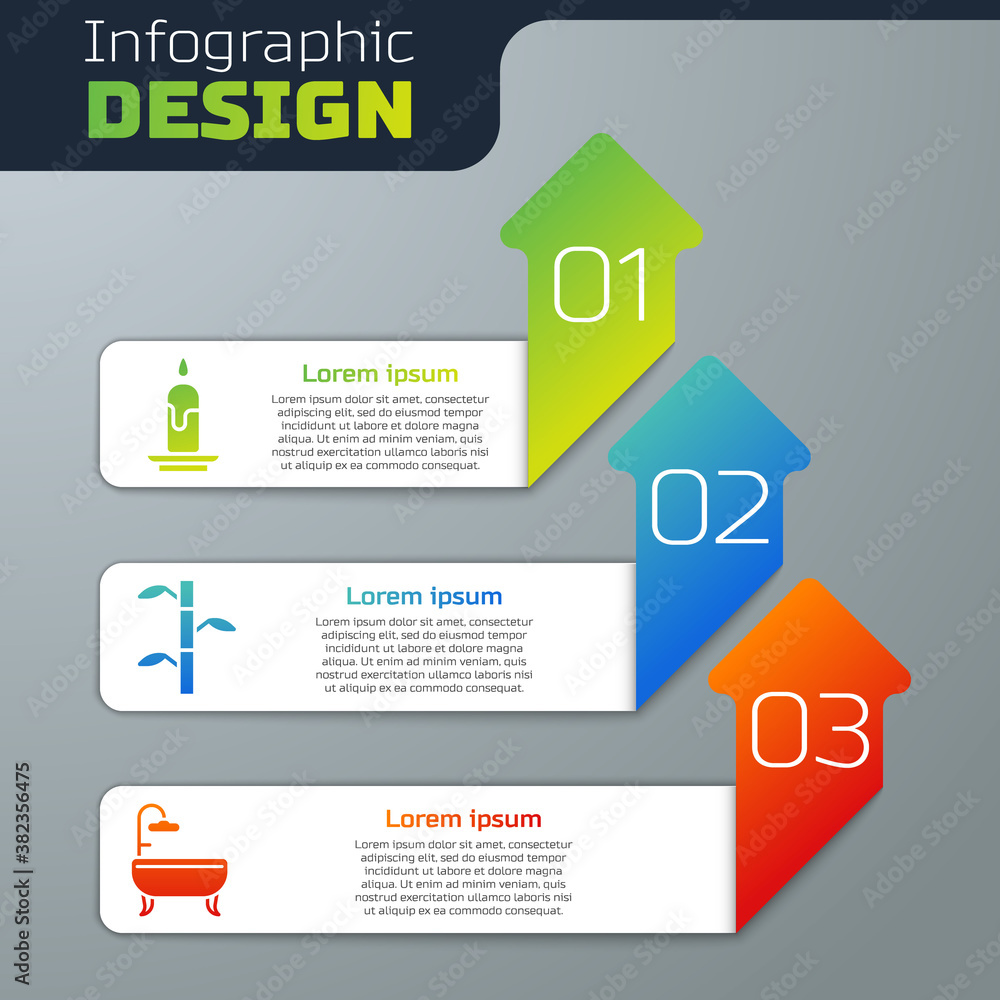 Set Burning candle, Bamboo stems with leaves and Bathtub. Business infographic template. Vector.