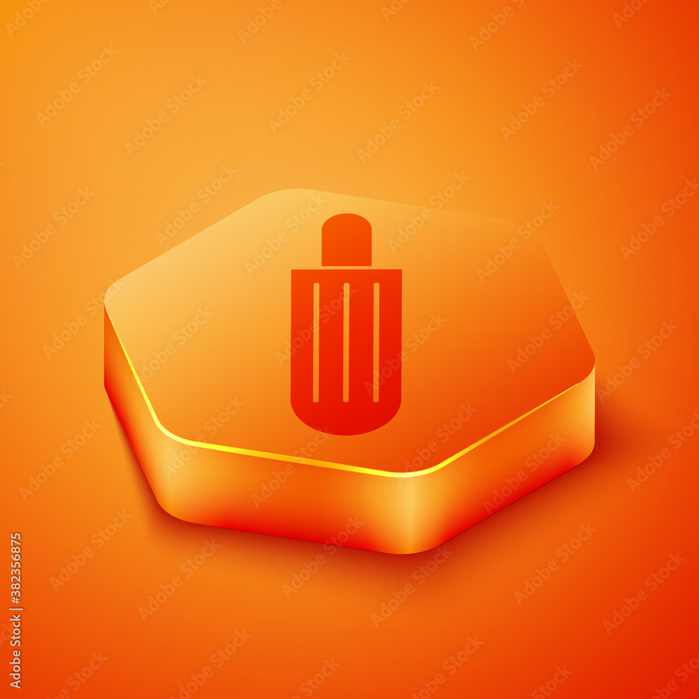 Isometric French hot dog icon isolated on orange background. Sausage icon. Fast food sign. Orange he