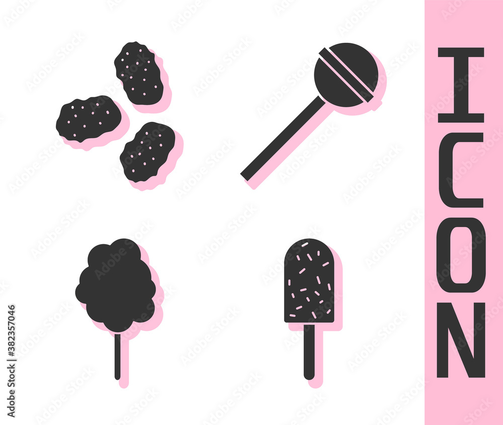 Set Ice cream, Chicken nuggets, Cotton candy and Lollipop icon. Vector.