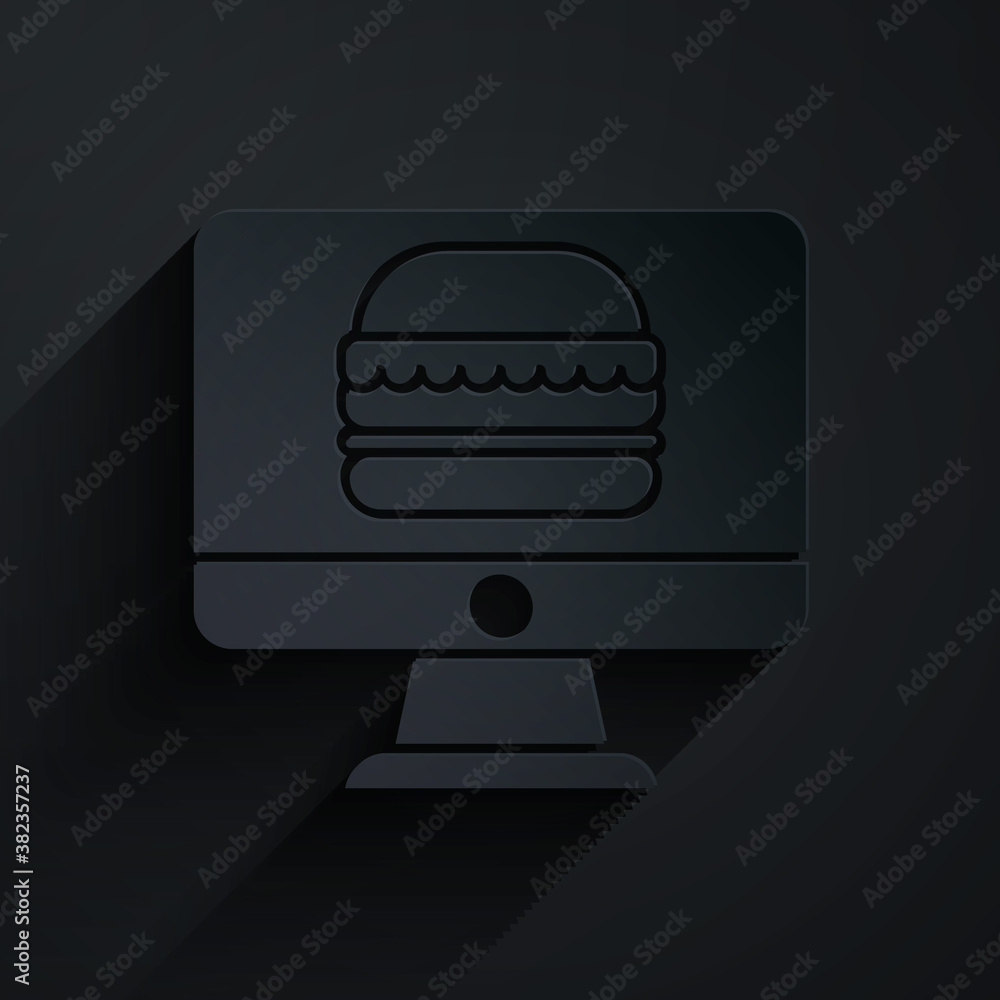 Paper cut Online ordering and fast food delivery icon isolated on black background. Paper art style.