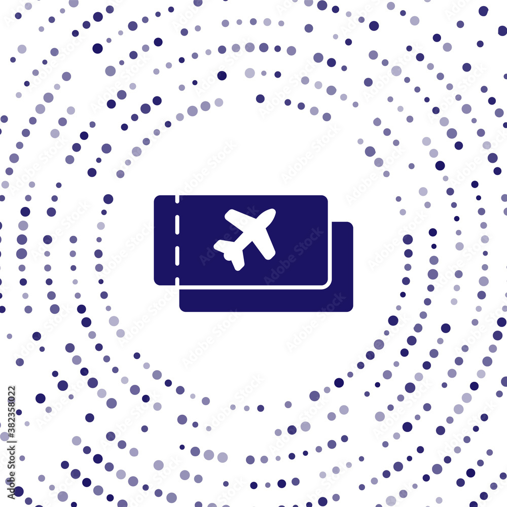 Blue Airline ticket icon isolated on white background. Plane ticket. Abstract circle random dots. Ve