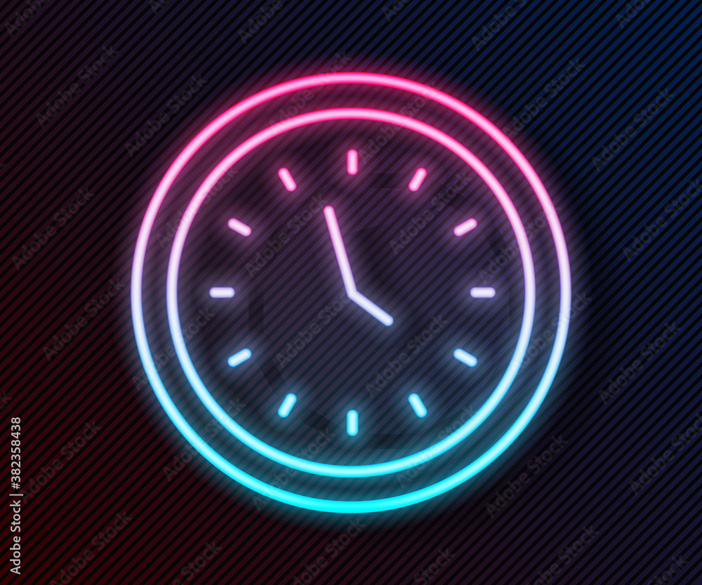 Glowing neon line Clock icon isolated on black background. Time symbol. Vector Illustration.