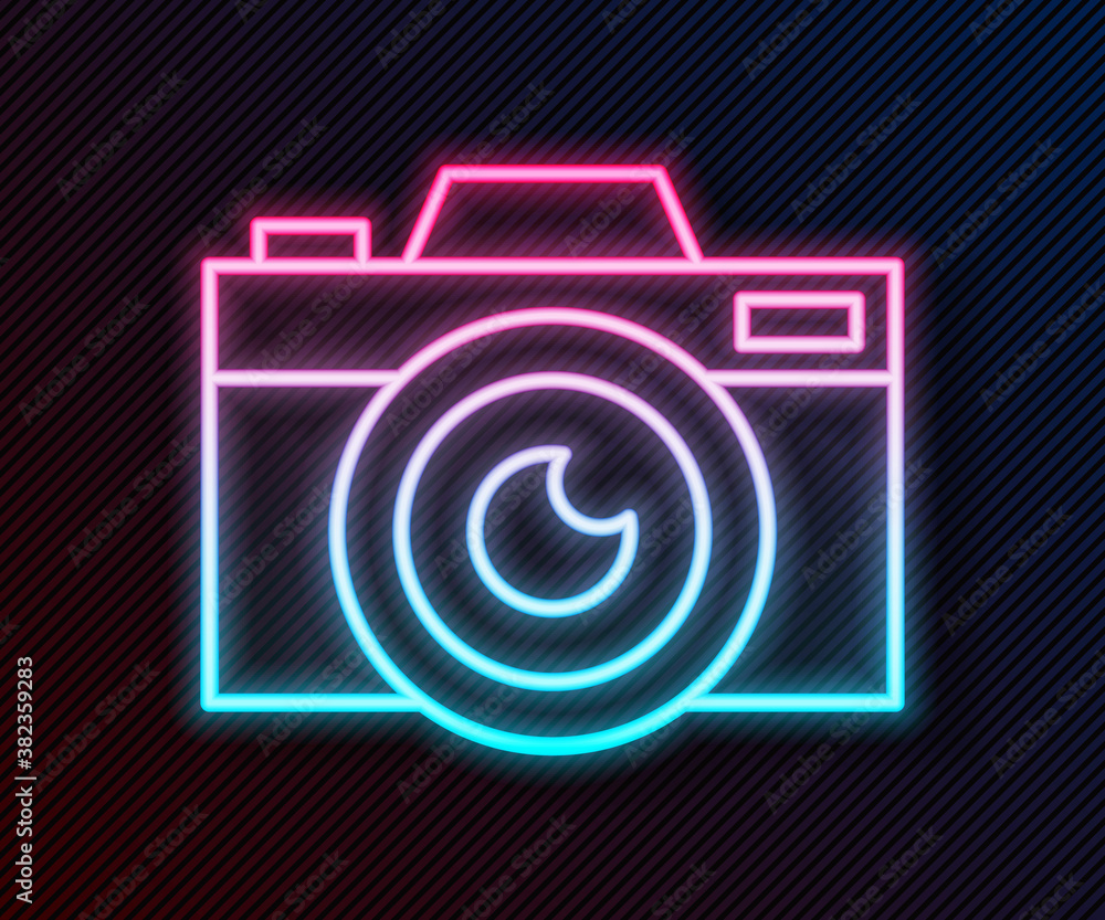 Glowing neon line Photo camera icon isolated on black background. Foto camera icon. Vector Illustrat