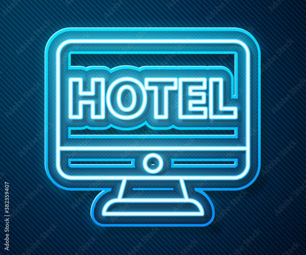 Glowing neon line Online hotel booking icon isolated on blue background. Online booking design conce