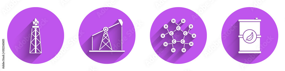 设置带火的石油钻机、油泵或泵千斤顶、带长阴影的分子油和生物燃料桶图标