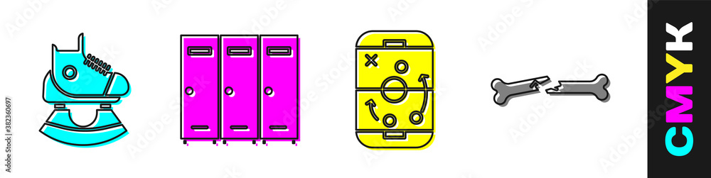 设置滑板、储物柜或更衣室、规划策略和人类骨折图标。矢量。