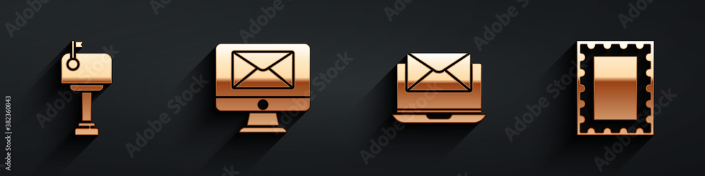 Set Mail box, Monitor and envelope, Laptop with envelope and Postal stamp icon with long shadow. Vec