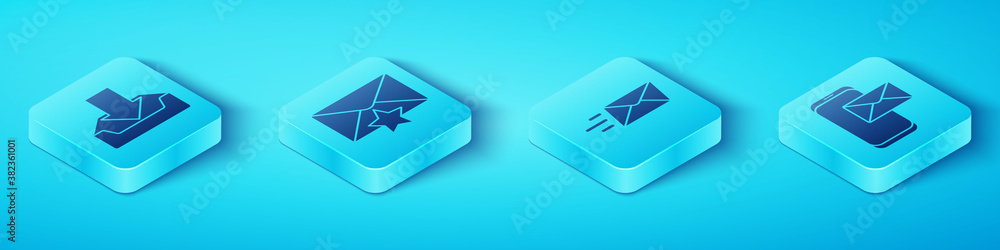 Set Isometric Download inbox, Envelope with star, Mobile and envelope and Express envelope icon. Vec