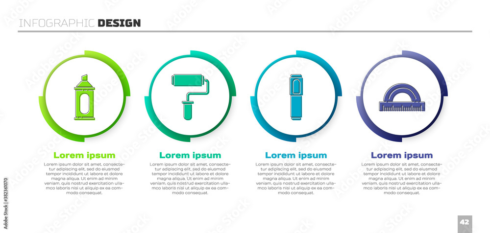 Set Marker pen, Paint roller brush, Marker pen and Protractor. Business infographic template. Vector