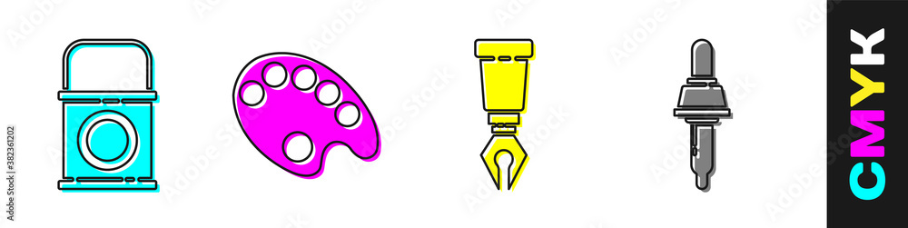 Set Paint bucket, Palette, Fountain pen nib and Pipette icon. Vector.