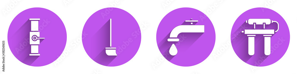 Set Industry pipe and valve, Mop, Water tap and Water filter icon with long shadow. Vector.