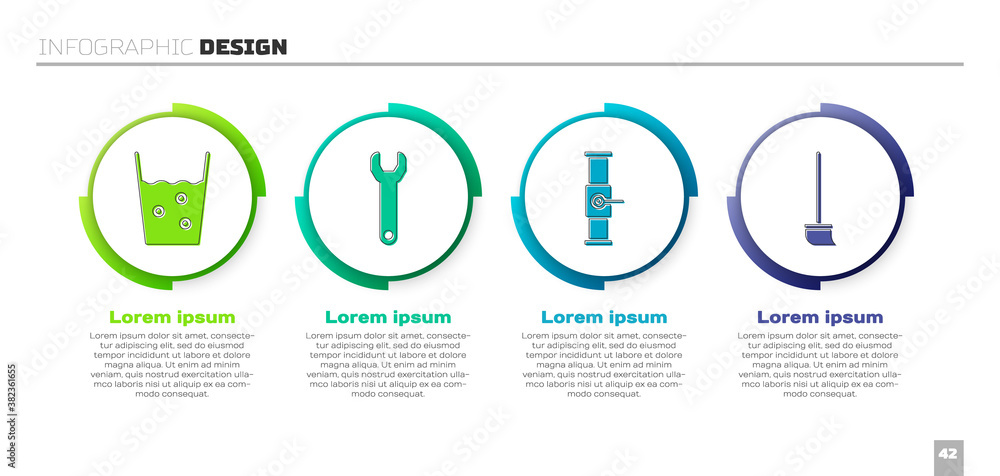 Set Glass with water, Wrench spanner, Industry pipe and valve and Mop. Business infographic template