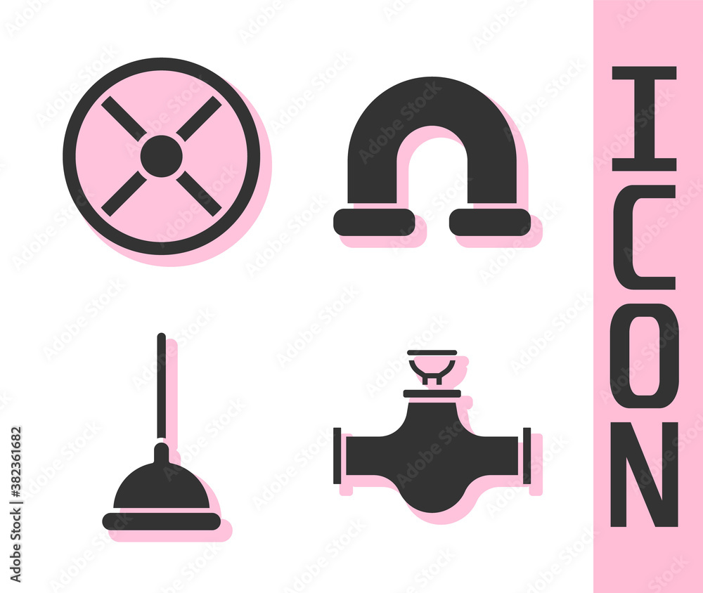 Set Industry pipe and valve, Industry valve, Rubber plunger and Industry metallic pipe icon. Vector.