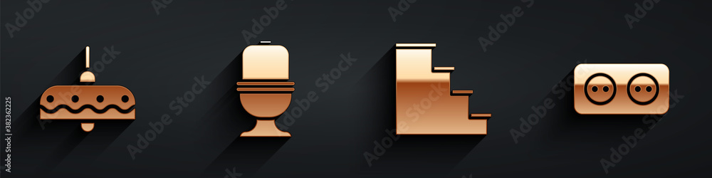 Set Chandelier, Toilet bowl, Staircase and Electrical outlet icon with long shadow. Vector.