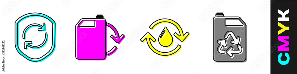 Set Recycle symbol inside shield, Eco fuel canister, Recycle clean aqua and Eco fuel canister icon. 