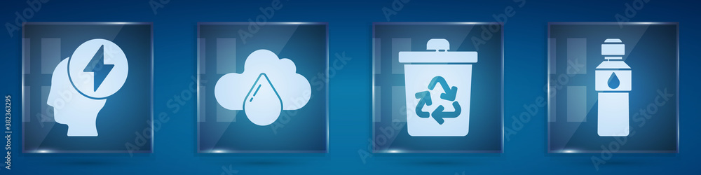 Set Head and electric symbol, Cloud with rain, Recycle bin with recycle and Bottle of water. Square 