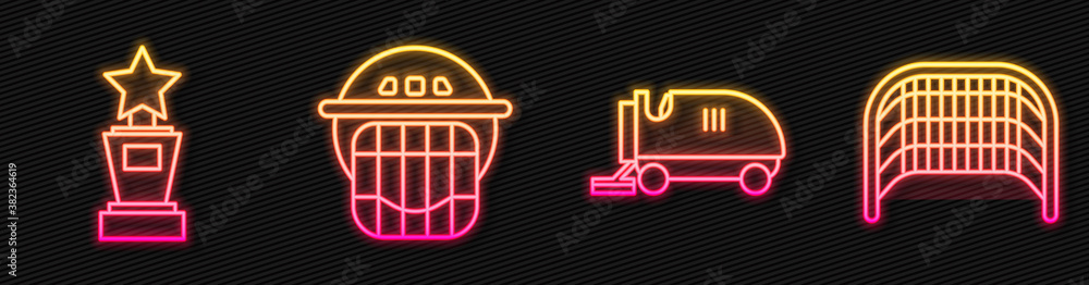 Set line Ice resurfacer, Award cup, Hockey helmet and Ice hockey goal. Glowing neon icon. Vector.