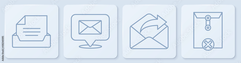 Set line Drawer with document, Outgoing mail, Speech bubble with envelope and Delete envelope. White