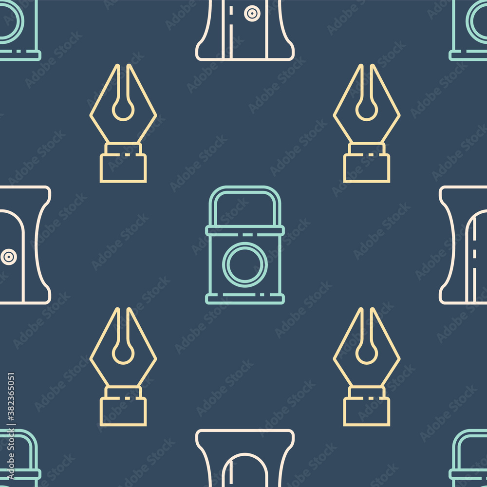 Set line Pencil sharpener, Fountain pen nib and Paint bucket on seamless pattern. Vector.