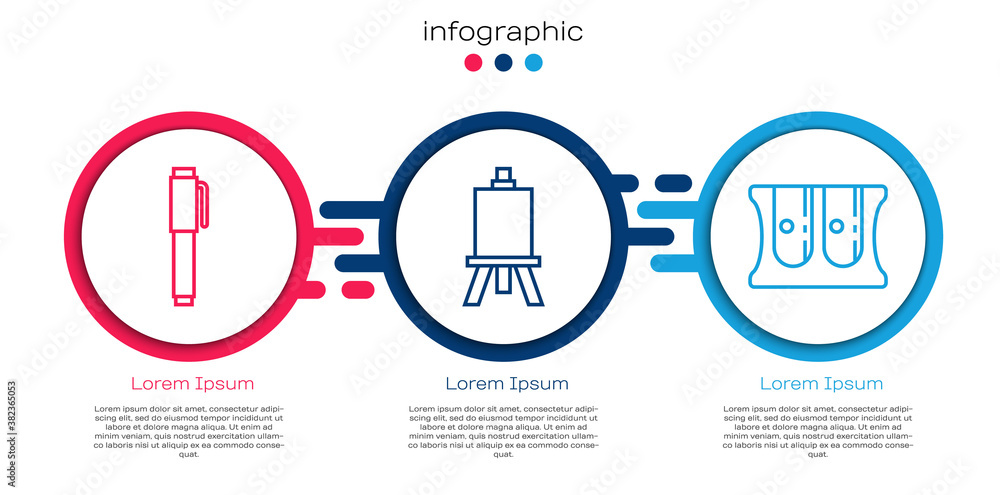 设置线条笔、画架或绘画艺术板和卷笔刀。商业信息图模板。Vect