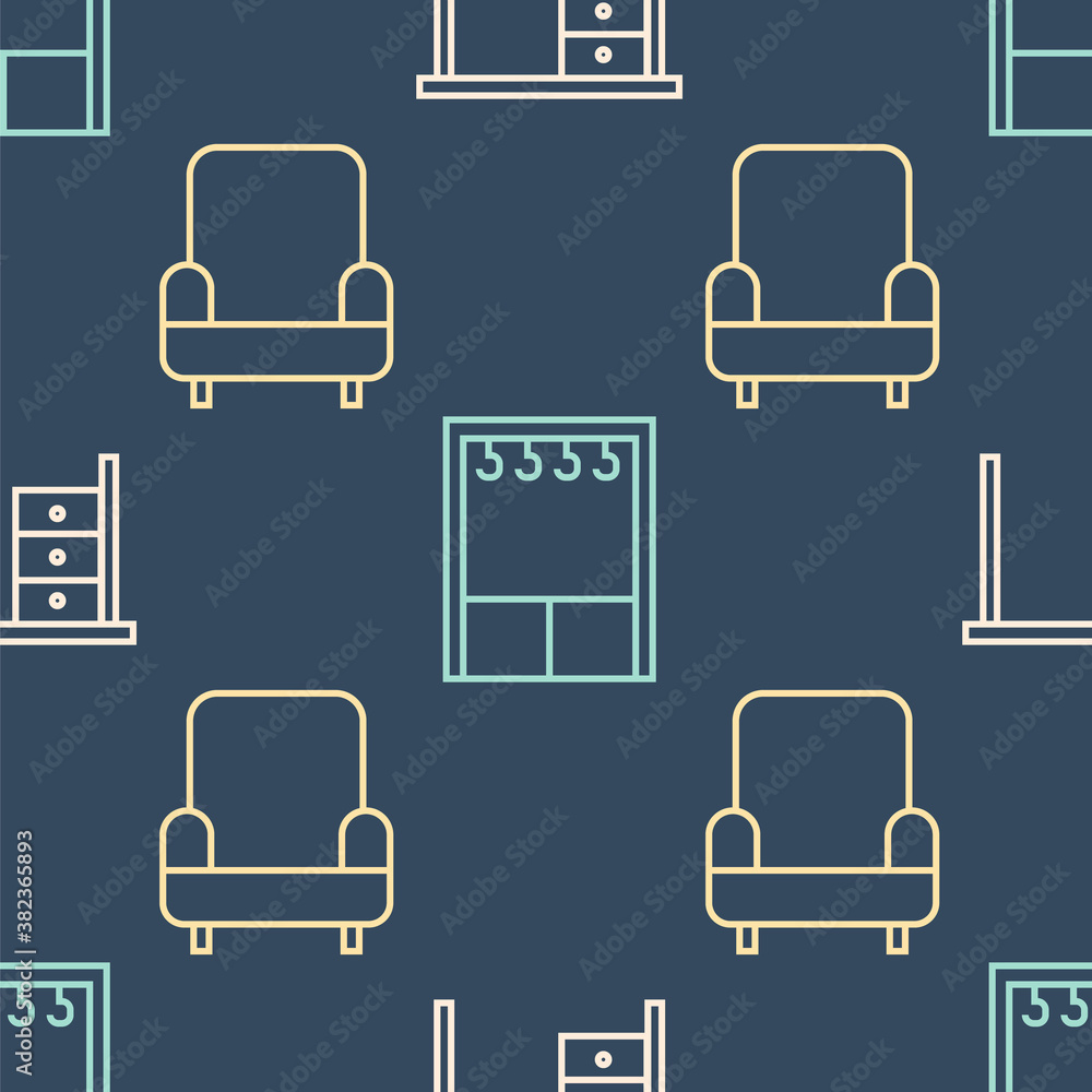 Set line Office desk, Armchair and Wardrobe on seamless pattern. Vector.