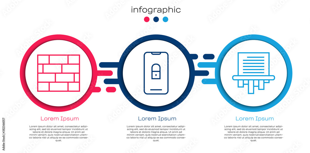 Set line Bricks, Mobile with closed padlock and Paper shredder. Business infographic template. Vecto