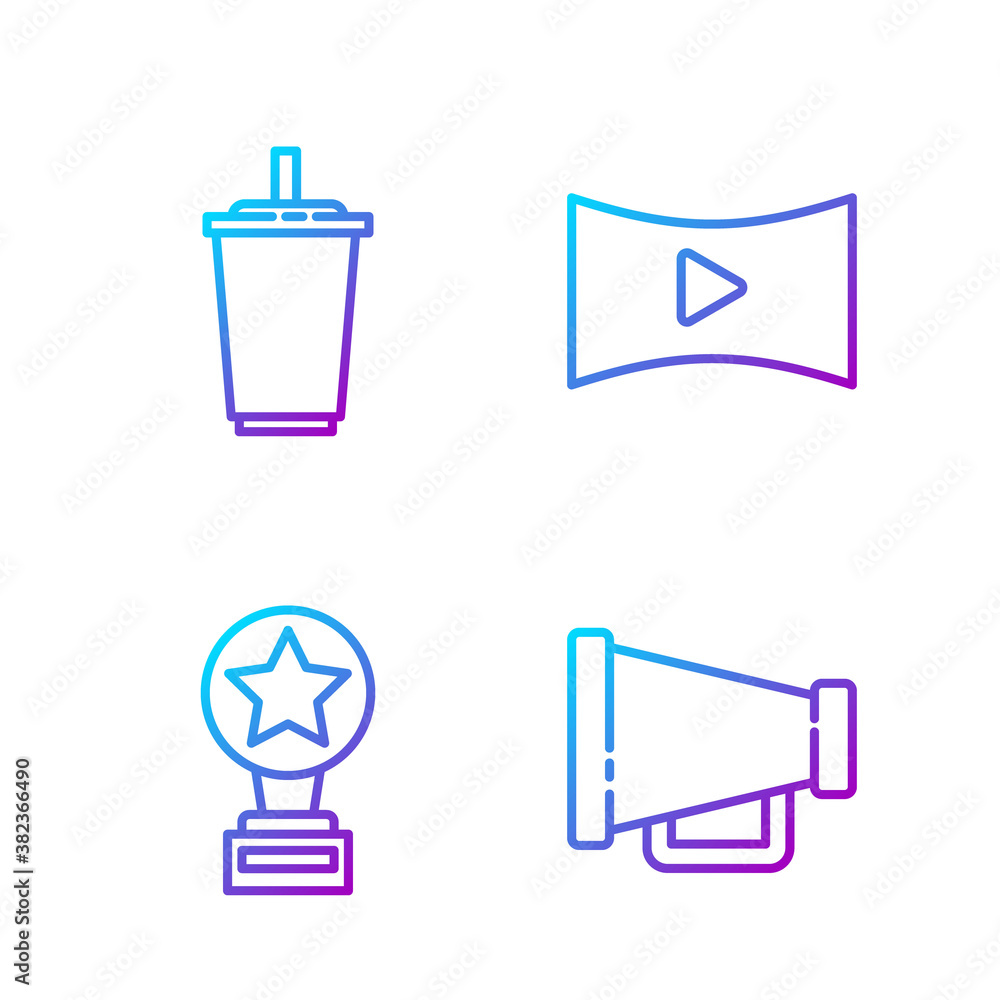 Set line Megaphone, Movie trophy, Paper glass with water and Online play video. Gradient color icons