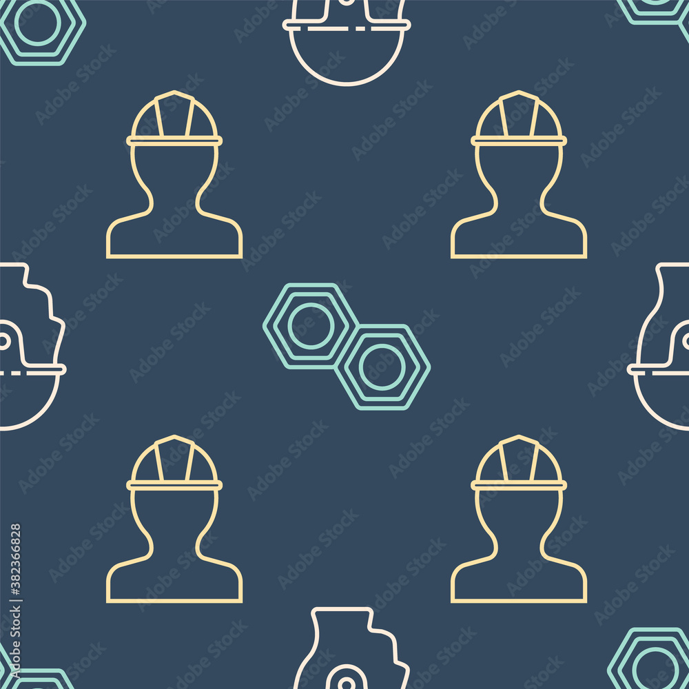 Set line Worker safety helmet, Worker safety helmet and Hexagonal metal nut on seamless pattern. Vec