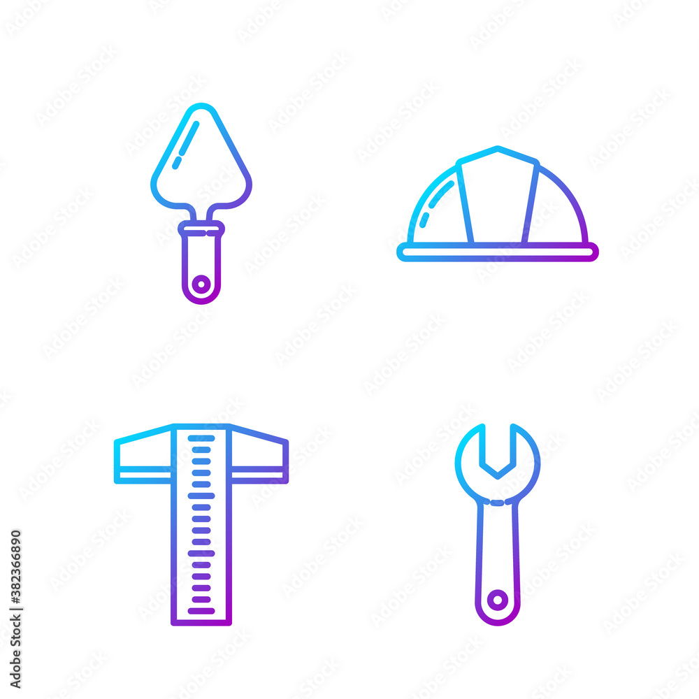 Set line Wrench spanner, T-square line, Trowel and Worker safety helmet. Gradient color icons. Vecto