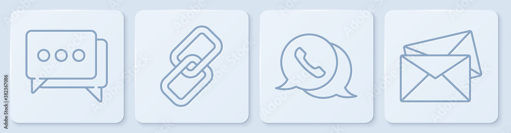 Set line Speech bubble chat, Telephone with speech bubble chat, Chain link and Envelope. White squar