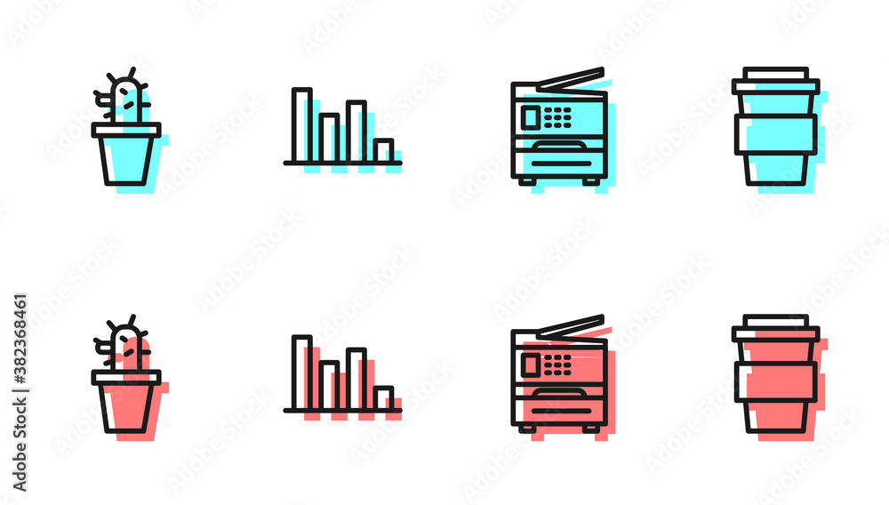 设置行式打印机、仙人掌和多肉锅、饼图信息图和咖啡杯图标。矢量。