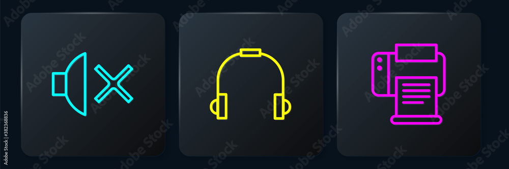 Set line Speaker mute, Printer and Headphones. Black square button. Vector.