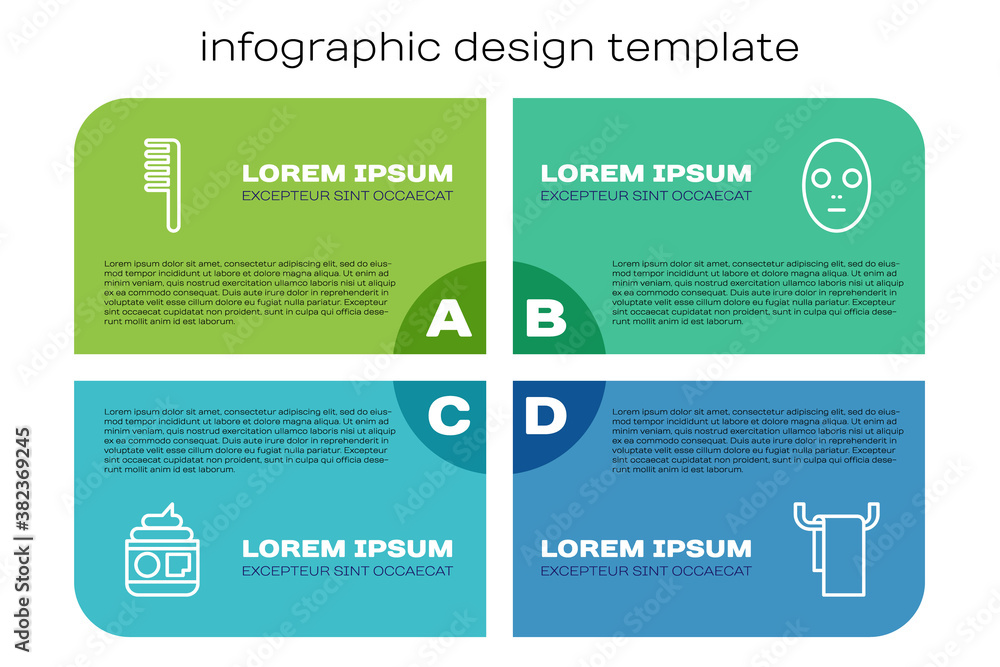 Set line Cream or lotion cosmetic tube, Hairbrush, Towel hanger and Facial mask. Business infographi