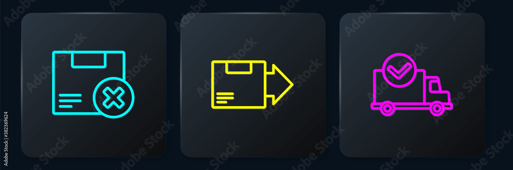 Set line Carton cardboard box and delete, Delivery truck with check mark and . Black square button. 