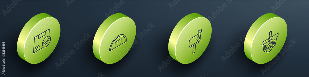 Set Isometric Package box with check mark, Warehouse, Mail and Add to Shopping basket icon. Vector.