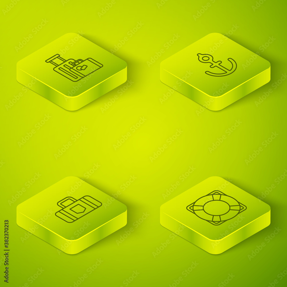 Set Isometric Anchor, Suitcase, Lifebuoy and icon. Vector illustration